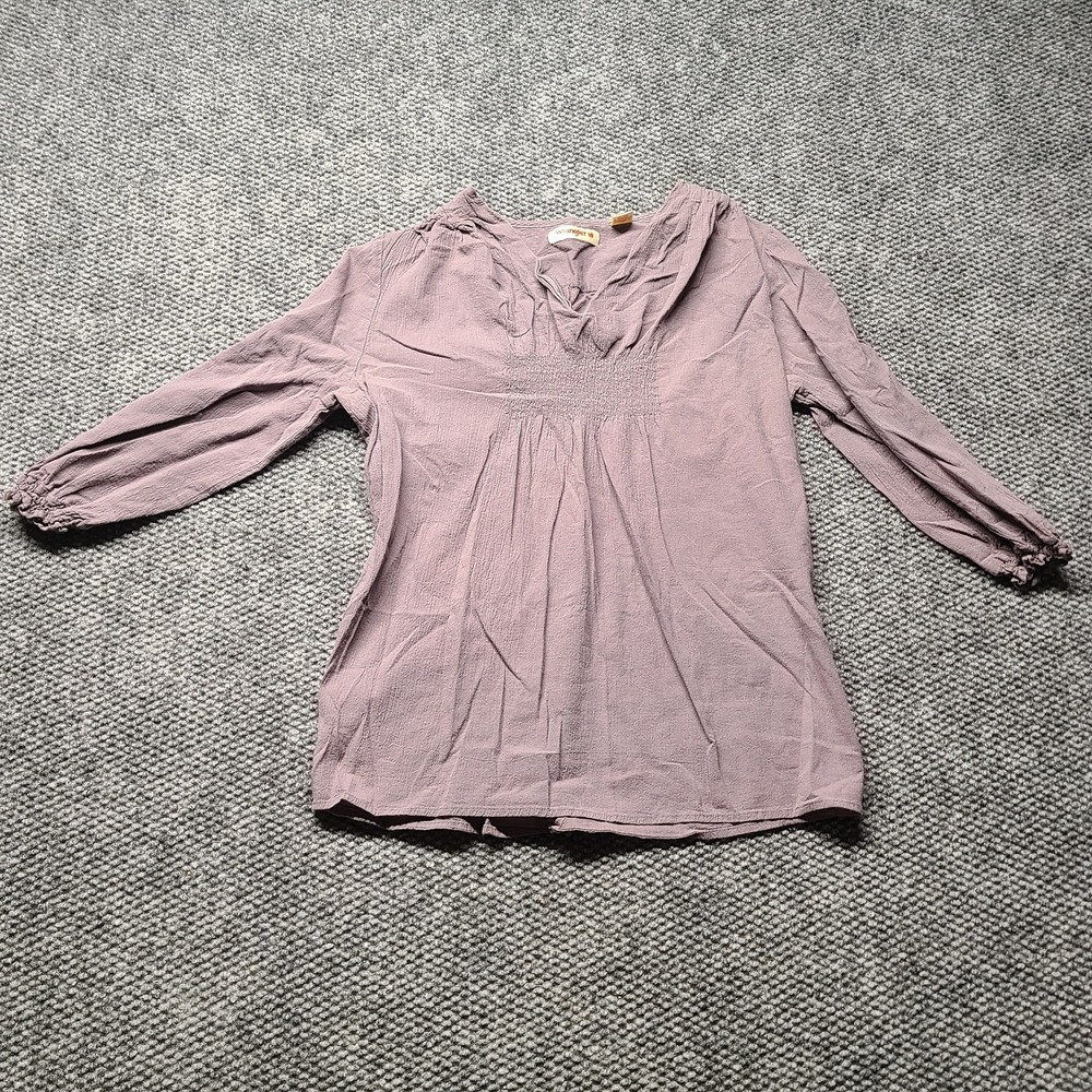 Wrangler Blouse Womens Medium Mauve Pink V Neck Puff Sleeve Smocked Cotton Top